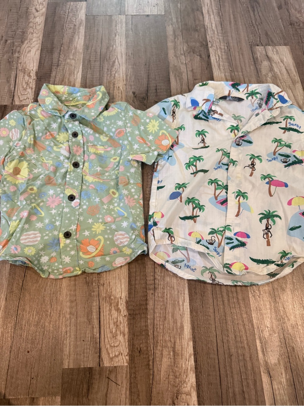 Tropical Print Button-Up Shirts - Green Floral & White Beach